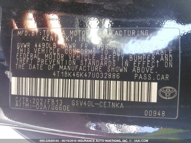 4T1BK46K47U032886 - 2007 TOYOTA CAMRY NEW GENERAT LE/XLE/SE BLACK photo 9