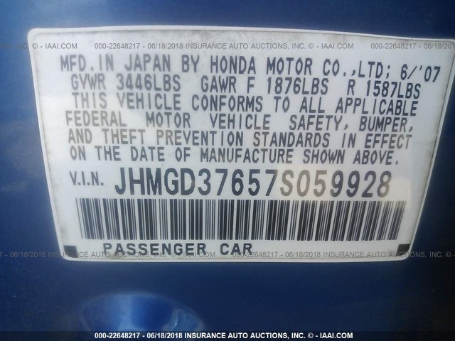 JHMGD37657S059928 - 2007 HONDA FIT S BLUE photo 9