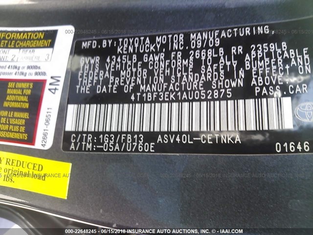 4T1BF3EK1AU052875 - 2010 TOYOTA CAMRY SE/LE/XLE ნაცრისფერი ფოტო 9