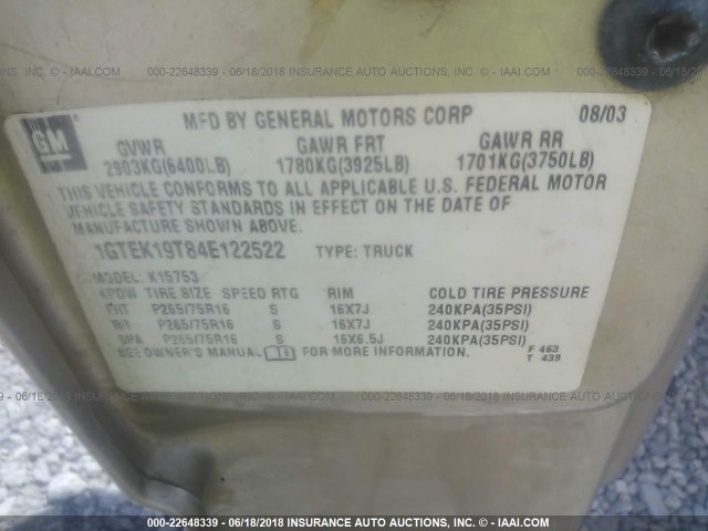 1GTEK19T84E122522 - 2004 GMC NEW SIERRA K1500 GOLD photo 9