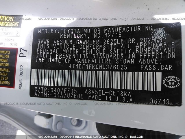 4T1BF1FK0HU376025 - 2017 TOYOTA CAMRY LE/XLE/SE/XSE WHITE photo 9