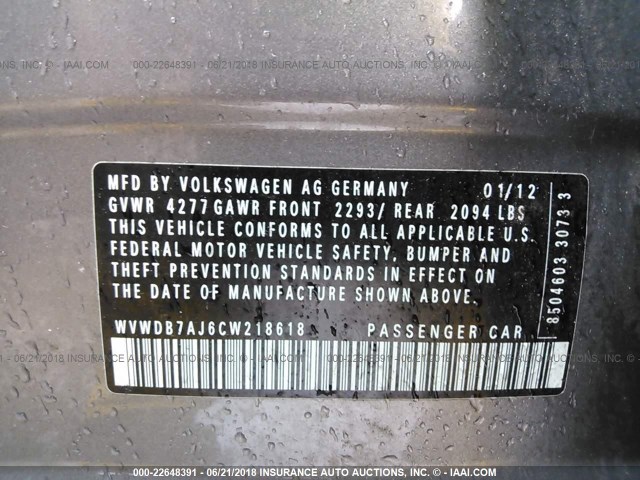 WVWDB7AJ6CW218618 - 2012 VOLKSWAGEN GOLF GRAY photo 9