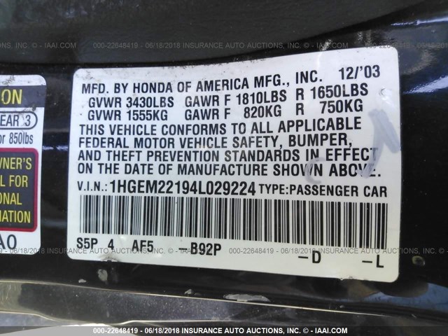 1HGEM22194L029224 - 2004 HONDA CIVIC DX VP BLACK photo 9