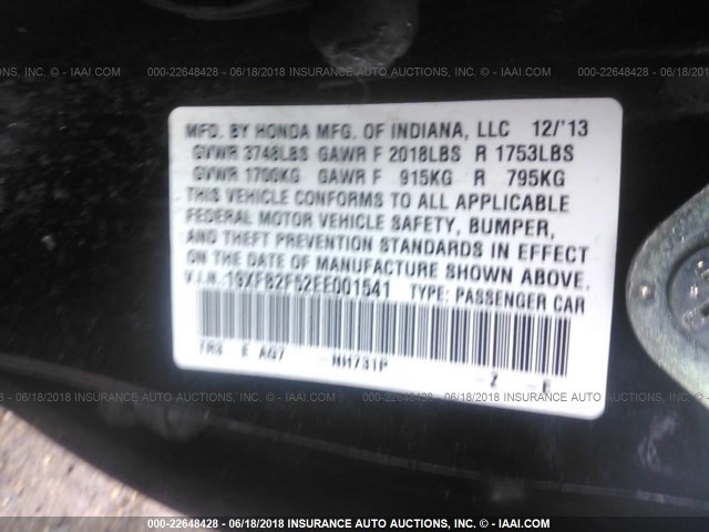 19XFB2F52EE001541 - 2014 HONDA CIVIC LX BLACK photo 9