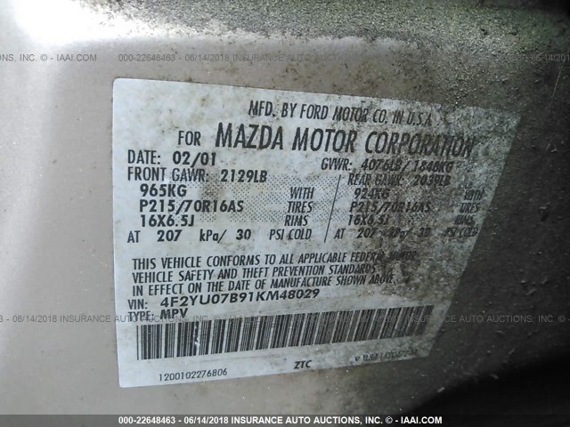 4F2YU07B91KM48029 - 2001 MAZDA TRIBUTE DX GOLD photo 9