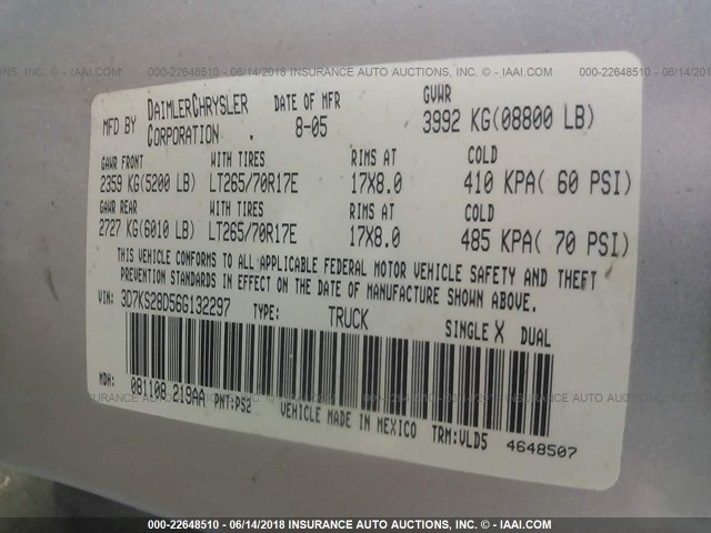 3D7KS28D56G132297 - 2006 DODGE RAM 2500 ST/SLT 银色 照片 9