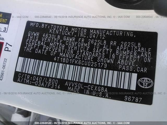 4T1BD1FK6CU025179 - 2012 TOYOTA CAMRY HYBRID/LE/XLE 白色 照片 9