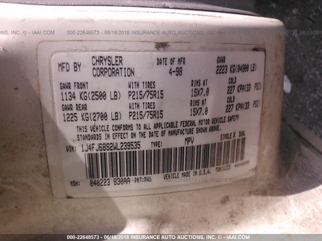 1J4FJ68S2WL239535 - 1998 JEEP CHEROKEE SPORT/CLASSIC Biały zdjęcie 9