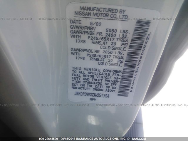 JNRDR09XX3W251794 - 2003 INFINITI QX4 WHITE photo 9