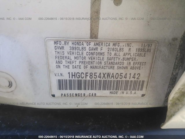 1HGCF854XWA054142 - 1998 HONDA ACCORD DX WHITE photo 9