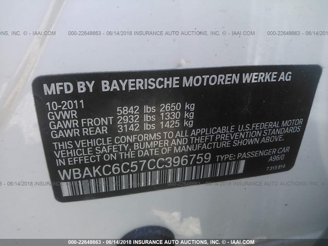 WBAKC6C57CC396759 - 2012 BMW 750 XI WHITE photo 9