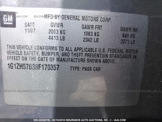 1G1ZH57B38F170357 - 2008 CHEVROLET MALIBU 1LT 灰色 照片 9