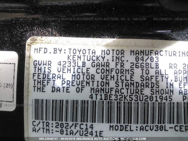 4T1BE32K53U201945 - 2003 TOYOTA CAMRY LE/XLE/SE Qara foto 9