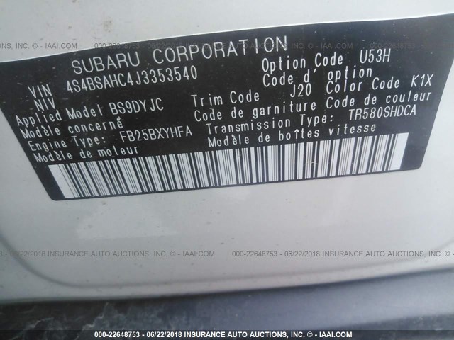 4S4BSAHC4J3353540 - 2018 SUBARU OUTBACK 2.5I PREMIUM WHITE photo 9