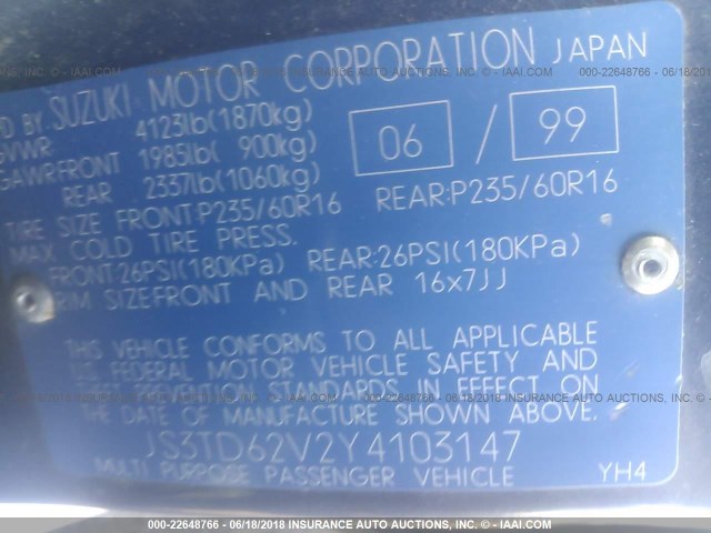 JS3TD62V2Y4103147 - 2000 SUZUKI GRAND VITARA JLX/LIMITED/JX BLUE photo 9