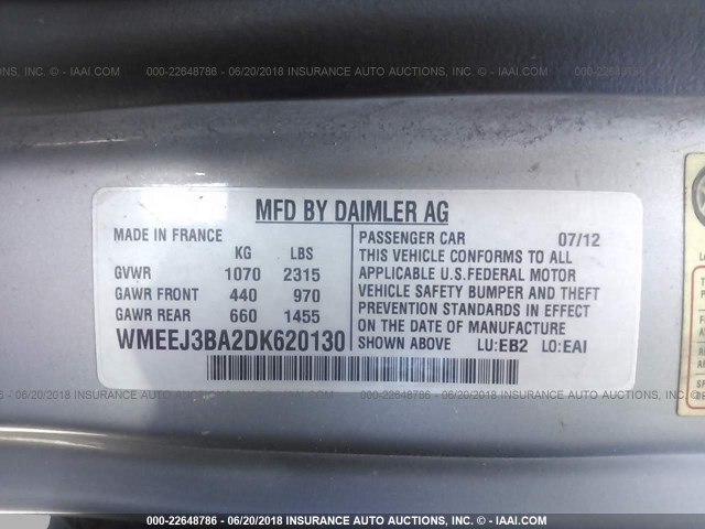 WMEEJ3BA2DK620130 - 2013 SMART FORTWO PURE/PASSION GRAY photo 9