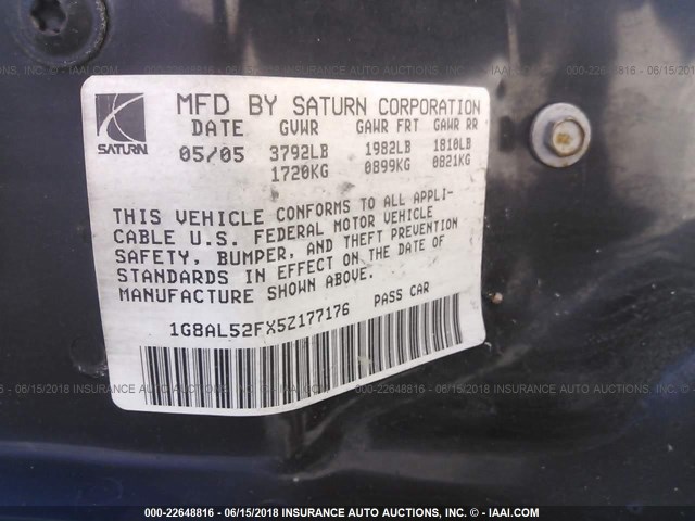 1G8AL52FX5Z177176 - 2005 SATURN ION LEVEL 3 GRAY photo 9