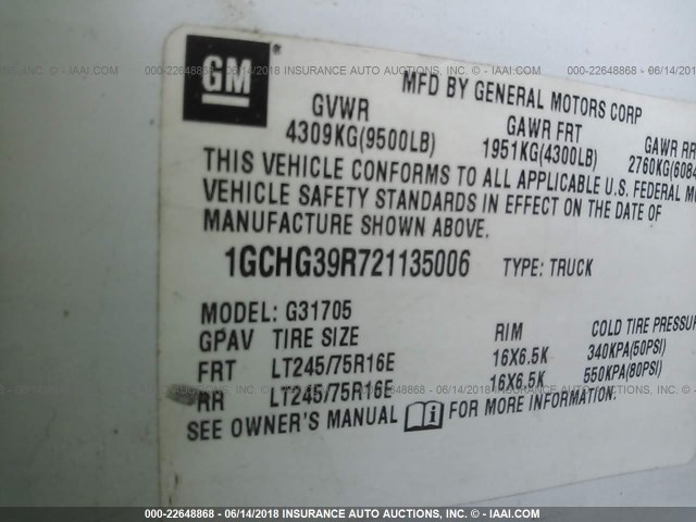 1GCHG39R721135006 - 2002 CHEVROLET EXPRESS G3500  თეთრი ფოტო 9