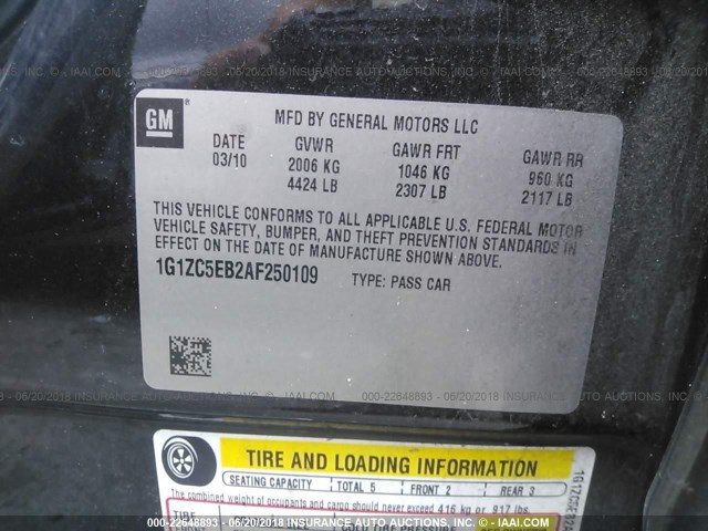 1G1ZC5EB2AF250109 - 2010 CHEVROLET MALIBU 1LT BLACK photo 9