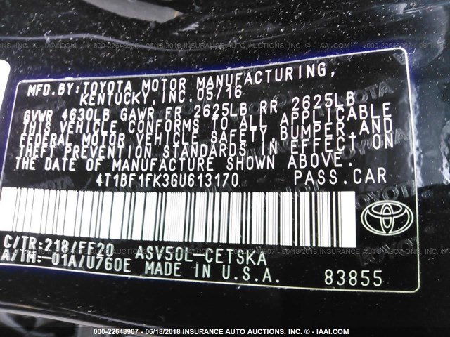 4T1BF1FK3GU613170 - 2016 TOYOTA CAMRY LE/XLE/SE/XSE BLACK photo 9