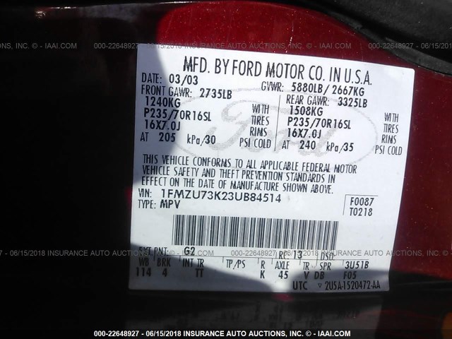 1FMZU73K23UB84514 - 2003 FORD EXPLORER XLT/XLT SPORT/NBX 红色 照片 9