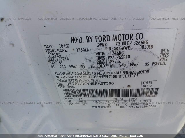 1FTPW14V48FA67380 - 2008 FORD F150 SUPERCREW თეთრი ფოტო 9