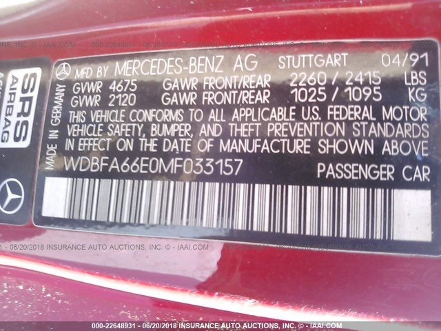 WDBFA66E0MF033157 - 1991 MERCEDES-BENZ 500 SL RED photo 9