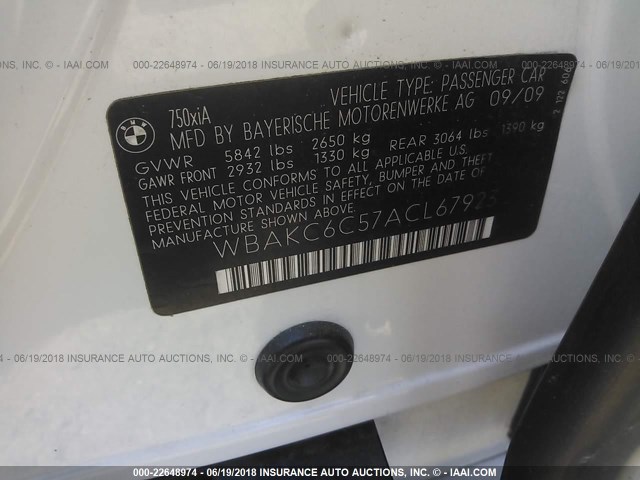 WBAKC6C57ACL67923 - 2010 BMW 750 I/XDRIVE WHITE photo 9