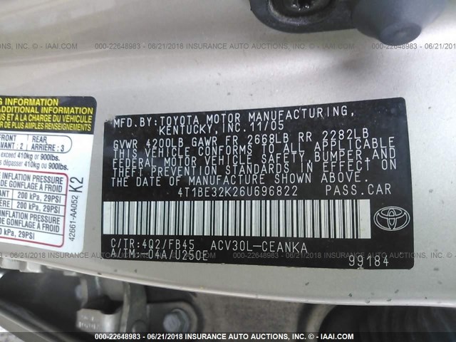 4T1BE32K26U696822 - 2006 TOYOTA CAMRY LE/XLE/SE Qızıl foto 9