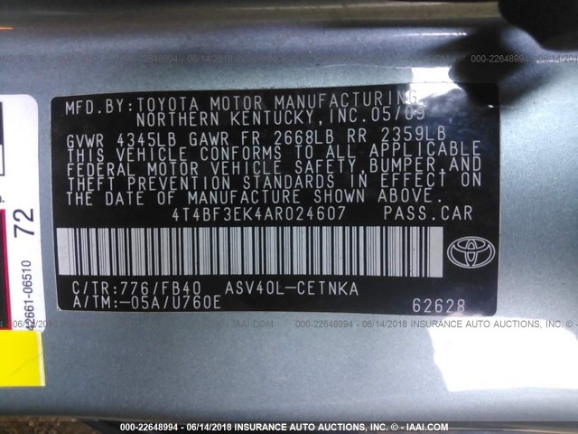 4T4BF3EK4AR024607 - 2010 TOYOTA CAMRY SE/LE/XLE 绿色 照片 9