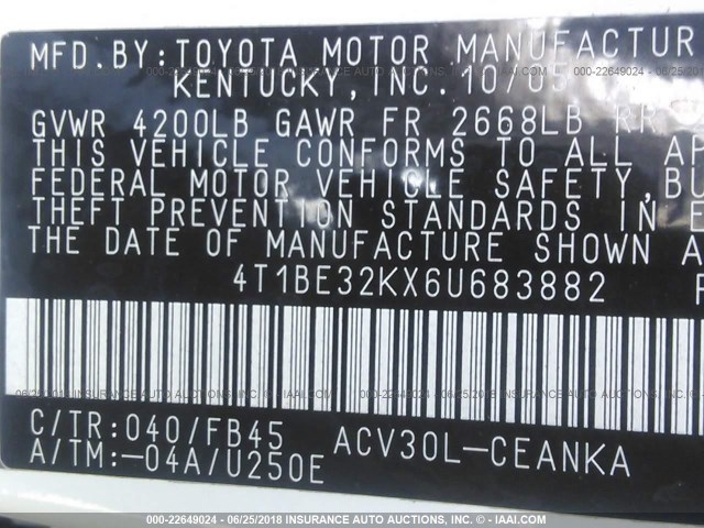 4T1BE32KX6U683882 - 2006 TOYOTA CAMRY LE/XLE/SE Ağ foto 9