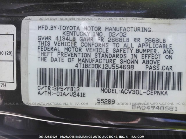 4T1BE30K12U554698 - 2002 TOYOTA CAMRY LE/XLE/SE 栗色 照片 9