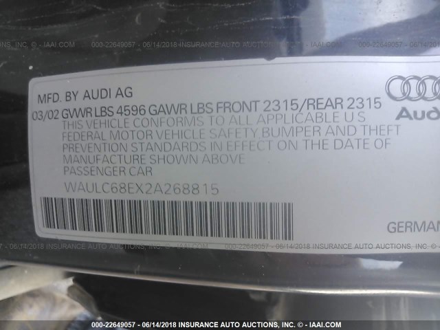 WAULC68EX2A268815 - 2002 AUDI A4 1.8T QUATTRO Dark Blue photo 9