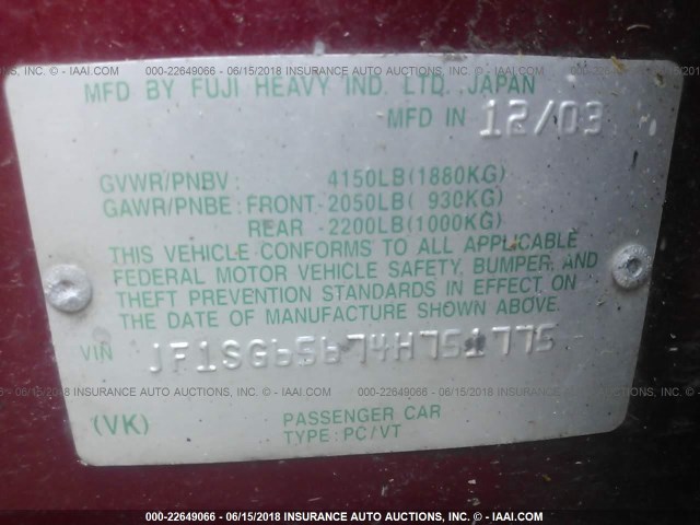 JF1SG65674H751775 - 2004 SUBARU FORESTER 2.5XS წითელი ფოტო 9