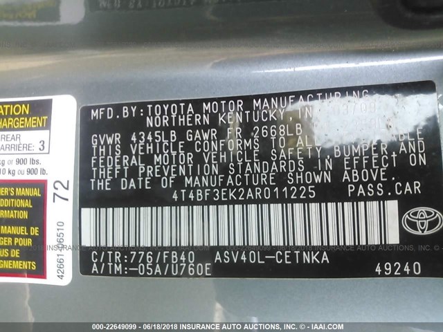 4T4BF3EK2AR011225 - 2010 TOYOTA CAMRY SE/LE/XLE 绿色 照片 9