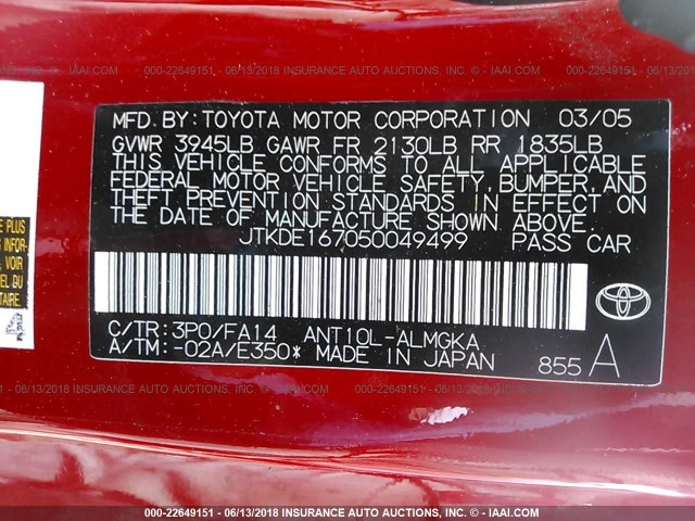 JTKDE167050049499 - 2005 TOYOTA SCION TC 红色 照片 9