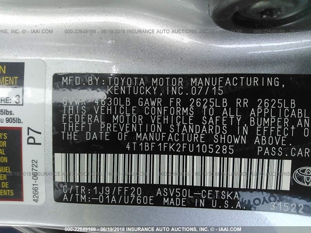 4T1BF1FK2FU105285 - 2015 TOYOTA CAMRY LE/XLE/SE/XSE SILVER photo 9