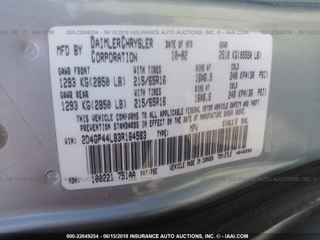 2D4GP44L83R164583 - 2003 DODGE GRAND CARAVAN SPORT BLUE photo 9