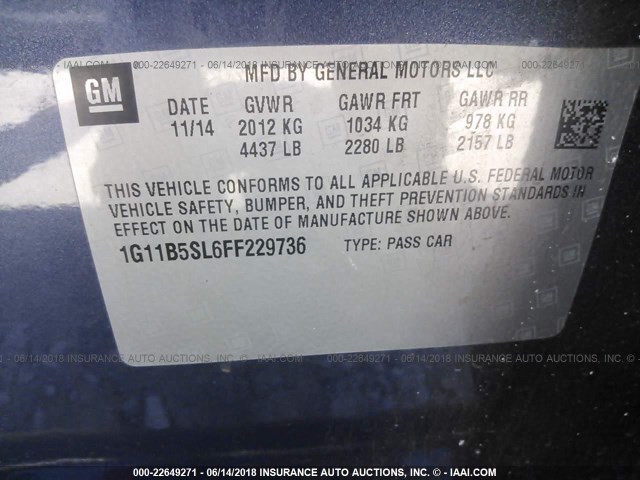 1G11B5SL6FF229736 - 2015 CHEVROLET MALIBU LS Light Blue photo 9