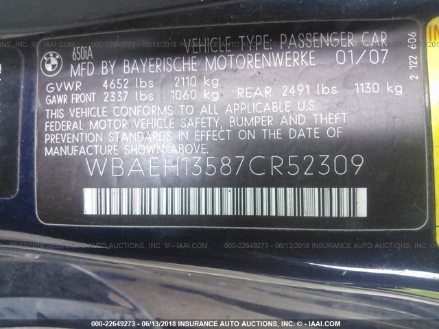 WBAEH13587CR52309 - 2007 BMW 650 I BLUE photo 9