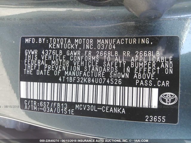 4T1BF32K84U074526 - 2004 TOYOTA CAMRY LE/XLE/SE მწვანე ფოტო 9