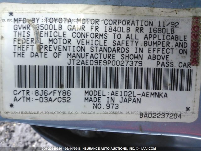 JT2AE09E9P0027379 - 1993 TOYOTA COROLLA LE/DX Açıq mavi foto 9