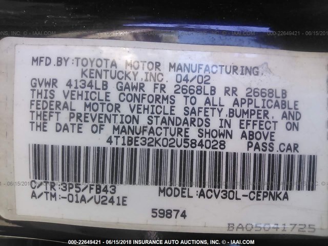 4T1BE32K02U584028 - 2002 TOYOTA CAMRY LE/XLE/SE მუქწითელი ფოტო 9