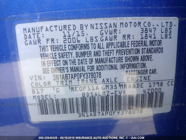 3N1AB7AP0FY378078 - 2015 NISSAN SENTRA S/SV/SR/SL BLUE photo 9