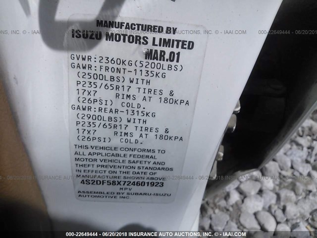 4S2DF58X724601923 - 2002 ISUZU AXIOM XS Ağ foto 9