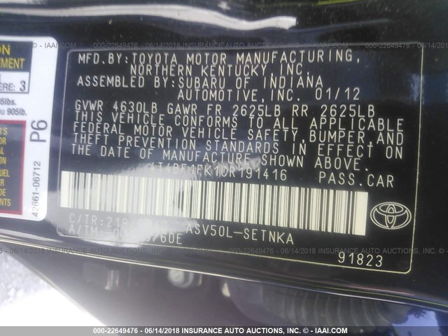 4T4BF1FK1CR191416 - 2012 TOYOTA CAMRY SE/LE/XLE 黑色 照片 9