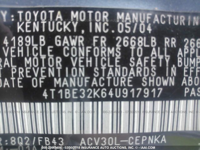 4T1BE32K64U917917 - 2004 TOYOTA CAMRY LE/XLE/SE 蓝色 照片 9