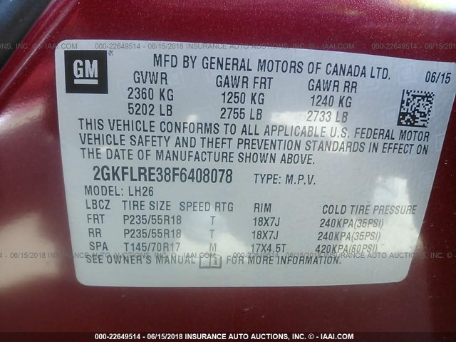 2GKFLRE38F6408078 - 2015 GMC TERRAIN SLE RED photo 9