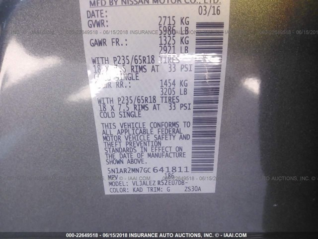 5N1AR2MN7GC641811 - 2016 NISSAN PATHFINDER S/SV/SL/PLATINUM 灰色 照片 9