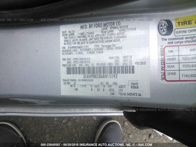 3FAHP0KC8AR415192 - 2010 FORD FUSION SPORT SILVER photo 9